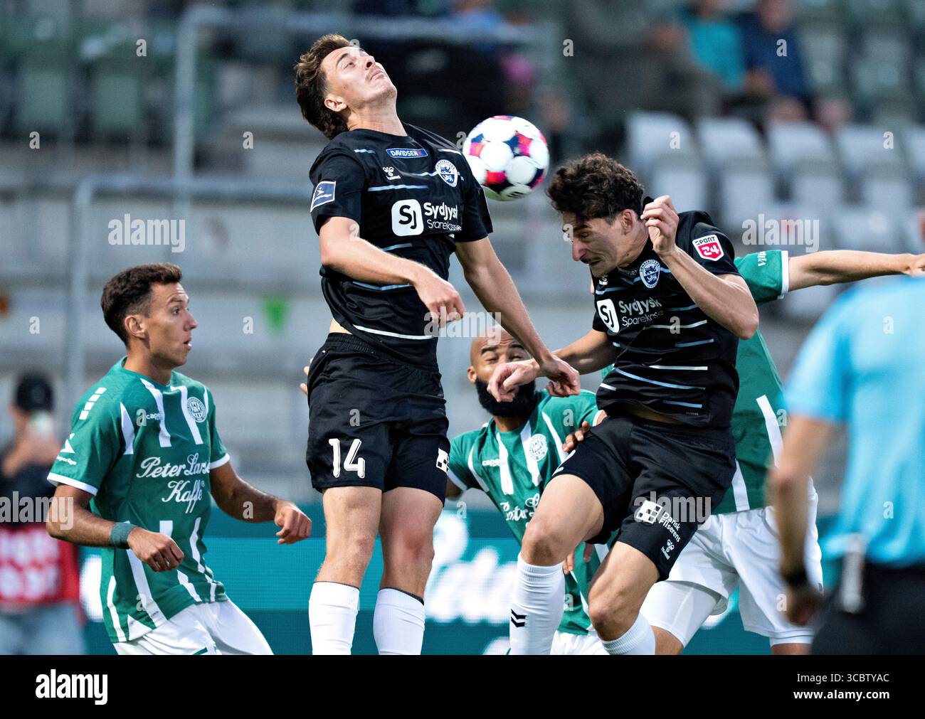 Viborg, Danimarca. 8 agosto 2025. Matthew Hoppe dei Soenderjyske nel match di Super League tra Viborg FF e Soenderjyske all'Energi Viborg Arena, venerdì 8 agosto 2025. (Foto: Henning Bagger /Ritzau Scanpix) credito: Ritzau/Alamy Live News Foto Stock