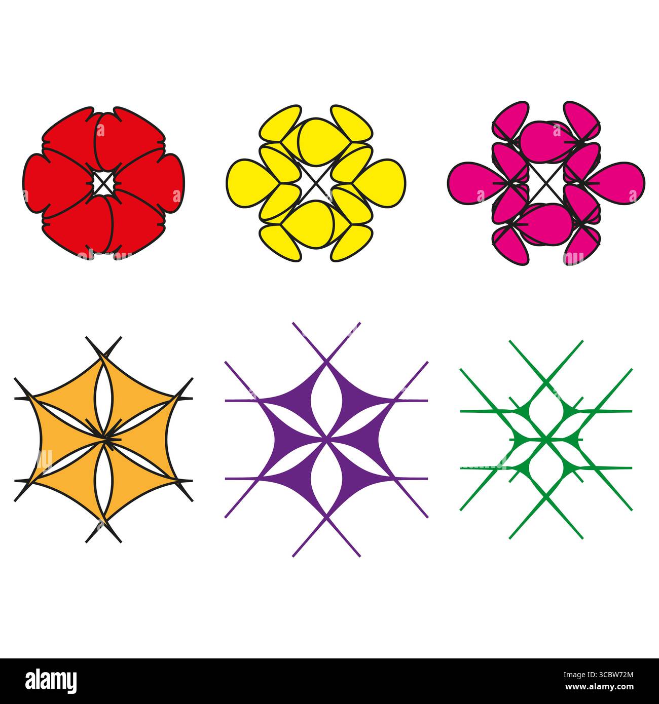 Fiori astratti colorati. Design floreale geometrico. Impostare vari simboli. Elementi decorativi vettoriali. EPS 10. Illustrazione Vettoriale