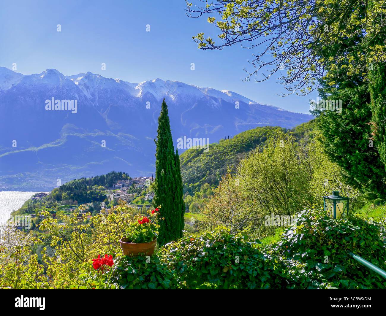 Vista da Musio, un quartiere di Tremosine, della cima del Monte Telegrafo sul Monte Baldo. In primo piano c'è un albero di cipresso. Tremosine è una città sulla Foto Stock