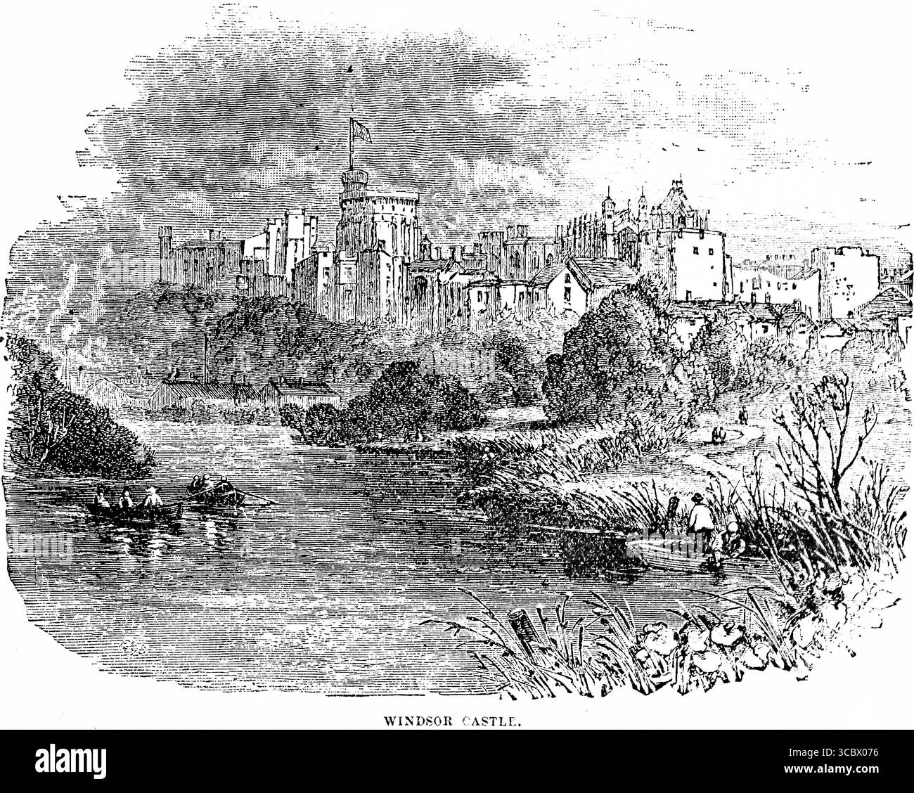 Castello di Windsor, la residenza più importante della Regina Vittoria e del Principe Alberto, parco, lago con barche a remi, sponde di canne, epoca vittoriana, contea di Berks Foto Stock