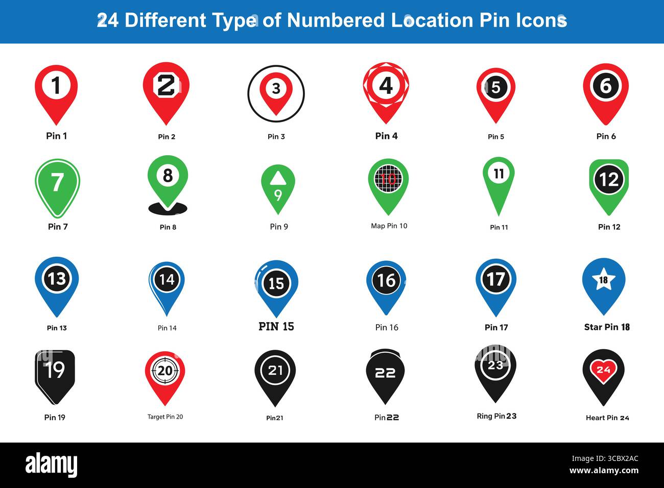 Icone del perno di posizione a tinta unita da 1 a 24, set vettore numero marcatore mappa Illustrazione Vettoriale