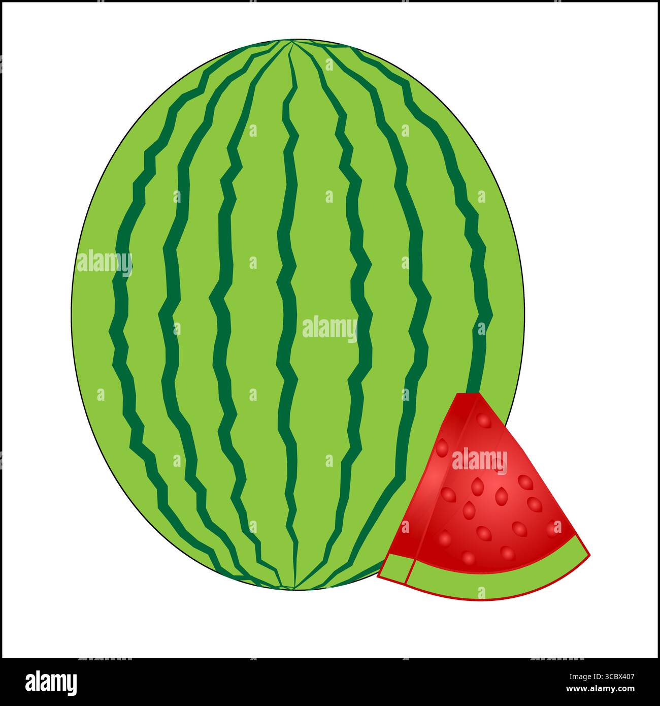 Un'illustrazione vibrante e stilizzata di un intero anguria con una fetta triangolare che mostra la carne rossa e i semi neri. Illustrazione Vettoriale