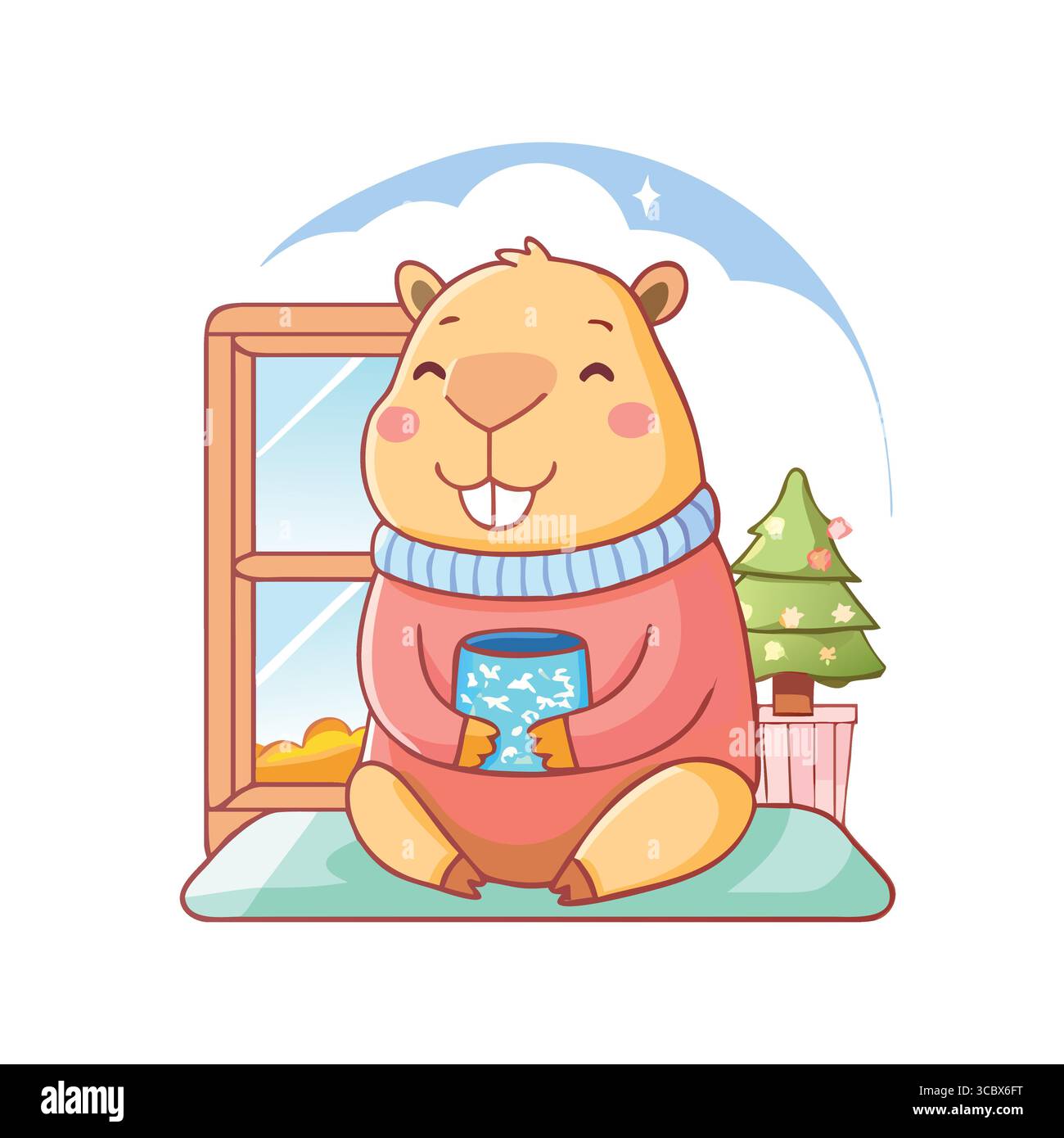 Accogliente personaggio Capybara con bevanda calda vicino alla finestra e albero di Natale Illustrazione Vettoriale