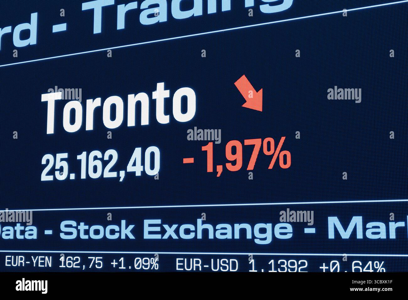L'indice azionario di Toronto sta diminuendo. L'indice azionario di Toronto sta diminuendo. Calo dei prezzi azionari canadesi, mercato portabagagli, riduzione, investimenti, attività, crash, perdita, crisi, dati del mercato azionario. Illustrazione 3D stock market169s Market data toronto down Foto Stock