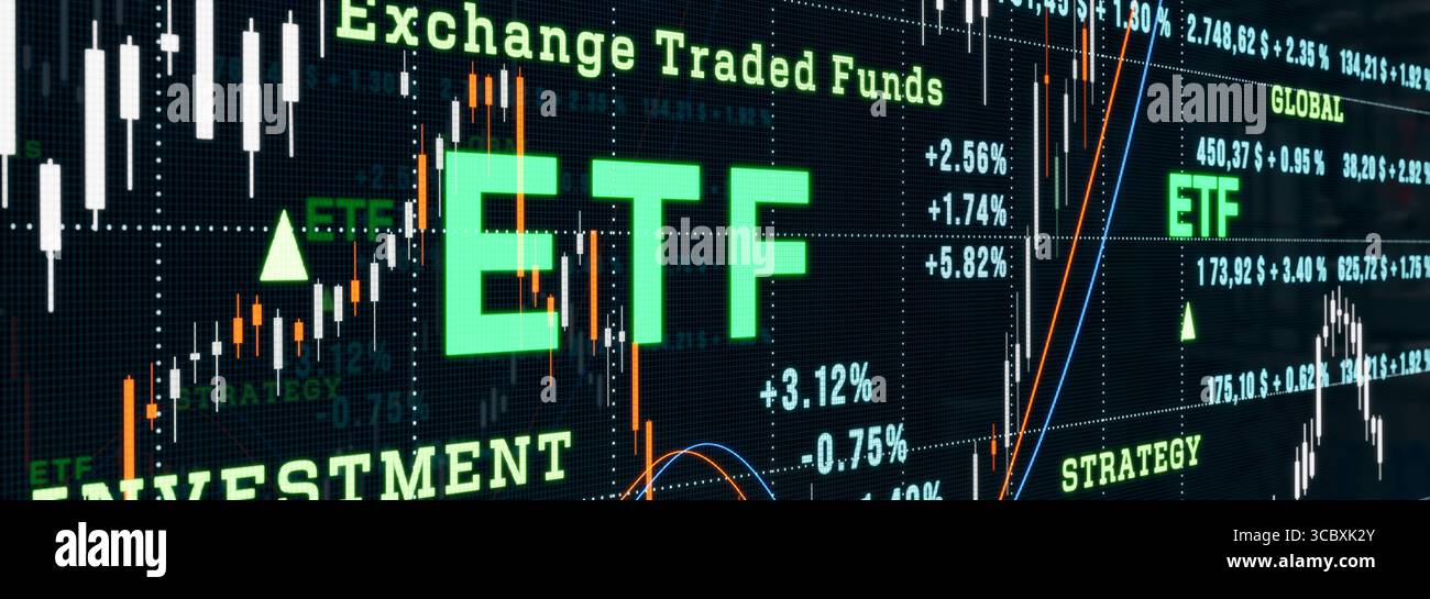 Strategia di investimento ETF, fondo quotato in borsa, mercato azionario e borsa valori. Strategia di investimento ETF, fondo quotato in borsa, mercato azionario e borsa valori. Fondo fiduciario, indice, business, piano di investimento ETF, ricchezza. Illustrazione 3D. stock market174s02 etf concept Foto Stock