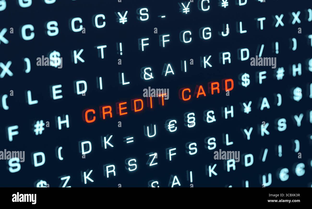 Simbolo della carta di credito in rosso tra i dati crittografati. Simbolo della carta di credito in rosso tra i dati crittografati. Bakning, dati account, Privacy, e-commerce, Internet, sicurezza, dati digitali sensibili, crittografia. Tecnologia di illustrazione 3D 035s05 random letters signs system credit card Foto Stock