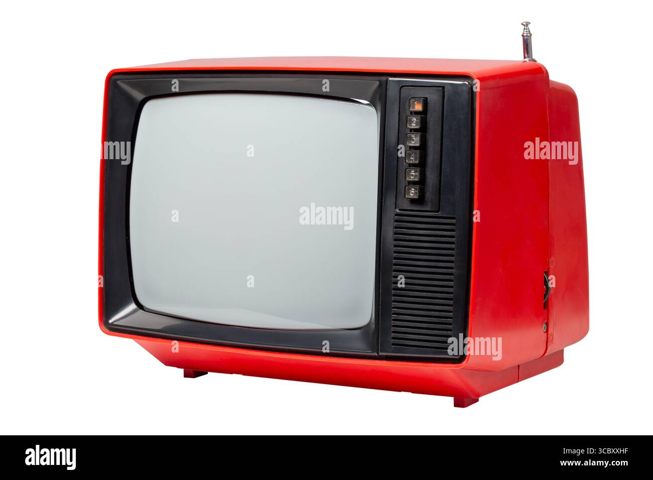 Vecchio televisore rosso vintage isolato su sfondo bianco. Foto Stock