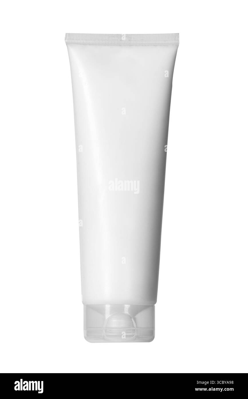Provetta color crema bianca isolata su sfondo bianco. Modello di mockup per prodotti di bellezza. Attenzione alle mani, al viso, alle gambe e alla pelle del corpo. Spazio vuoto per il testo Foto Stock
