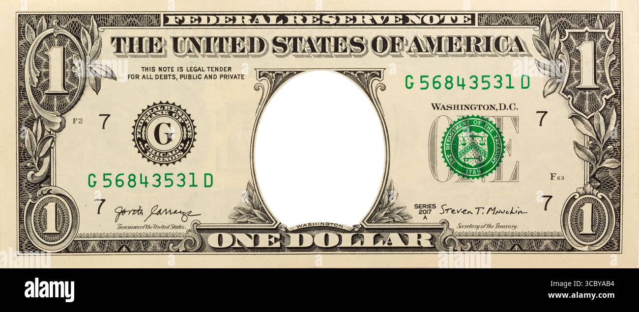 Uno sfondo in dollari americani con ritratto vuoto di George Washington. Modello di mockup finanziario. Foto Stock