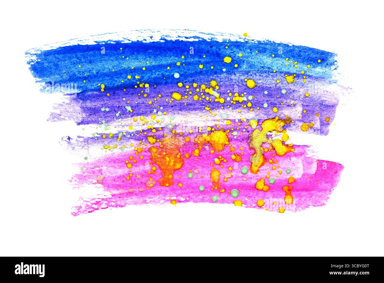Pennellate blu e rosa con macchie gialle isolate su sfondo bianco. Tratti di vernice astratti disegnati a mano. Pennellate colorate ad acquerello Foto Stock