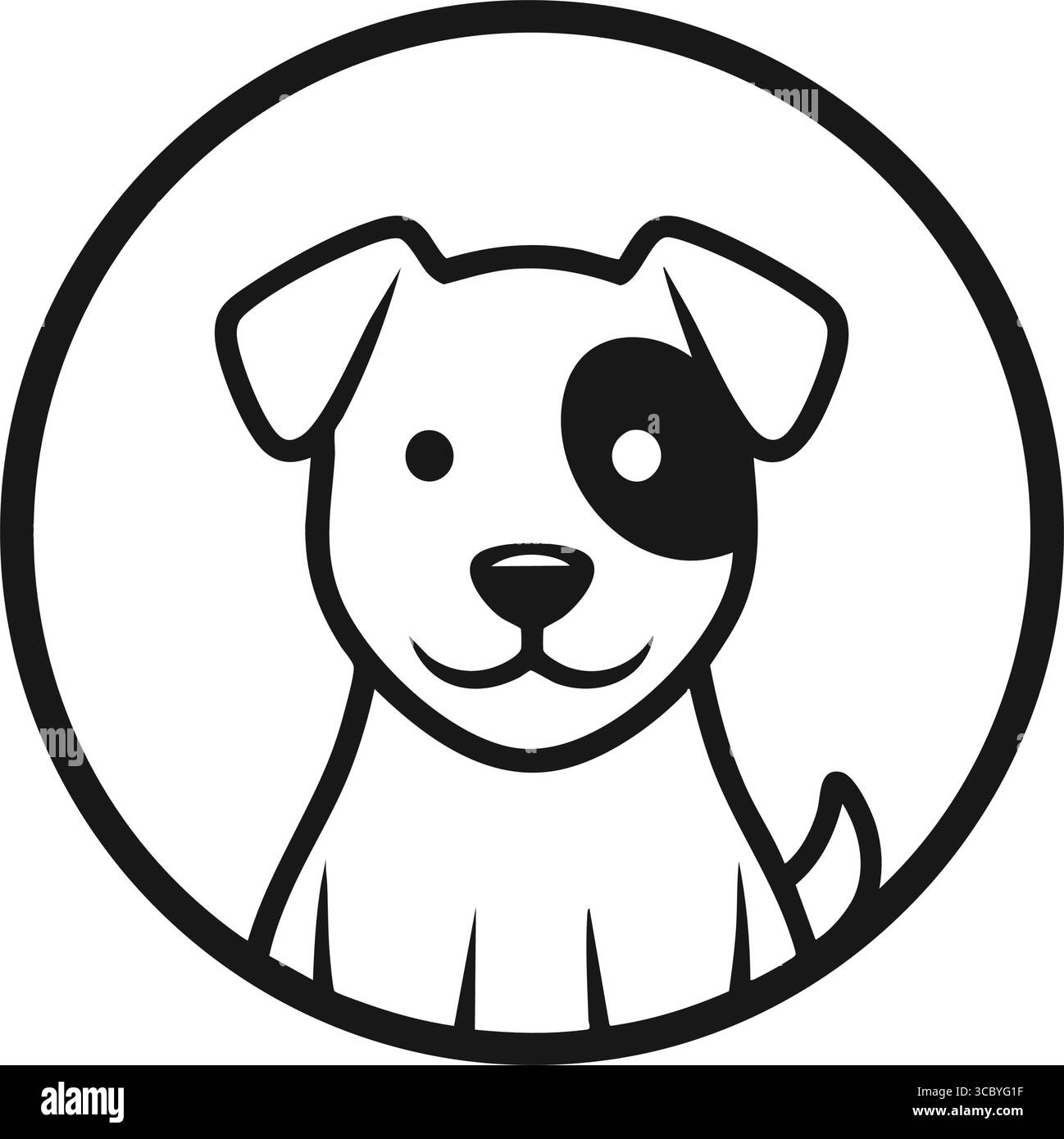 Logo Friendly Dog Character. Grafica minimalista monocromatica per cuccioli per il marchio relativo agli animali domestici. Incarna lealtà, compagnia e una spirale calda e invitante Illustrazione Vettoriale