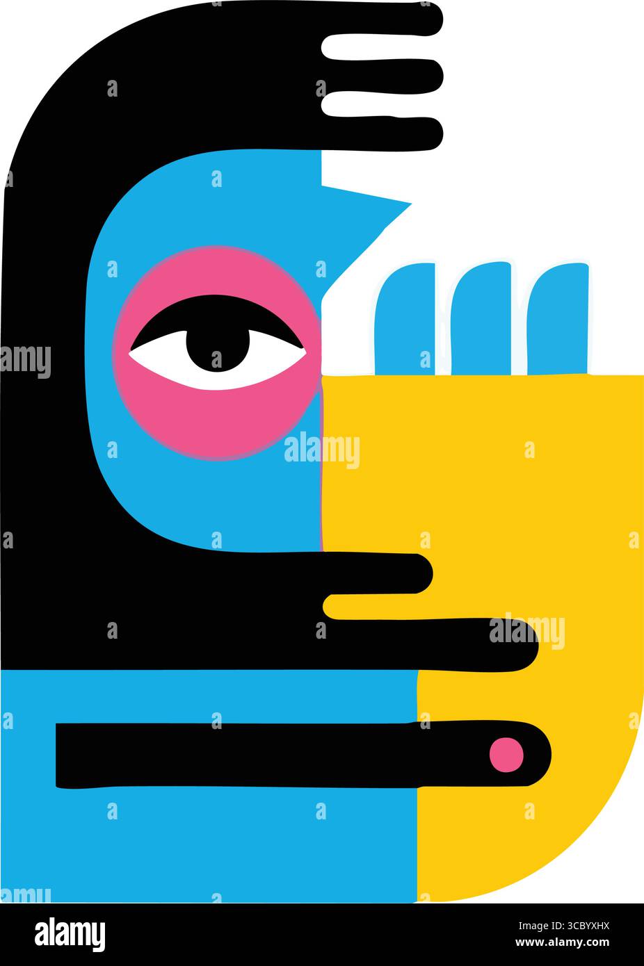 Grafica della testa astratta VIBRANT. Grafica dinamica con un aspetto umano stilizzato. Forme geometriche audaci e colori vivaci creano un design moderno e all'avanguardia Illustrazione Vettoriale