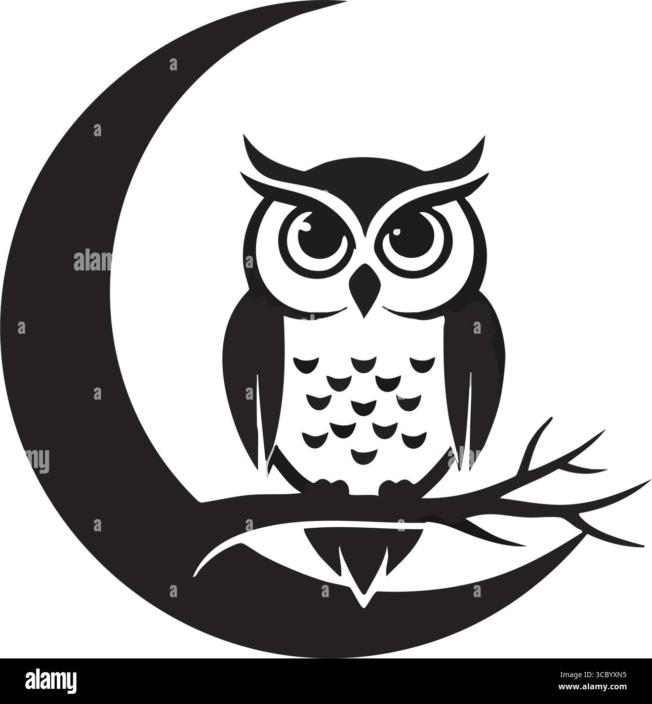 Il misterioso Gufo sulla Crescent Moon. Enigmatico uccello notturno arroccato su un arco celeste. Il design rivela delicatamente un sinistro occhio di pipistrello con zanne, evocando Illustrazione Vettoriale