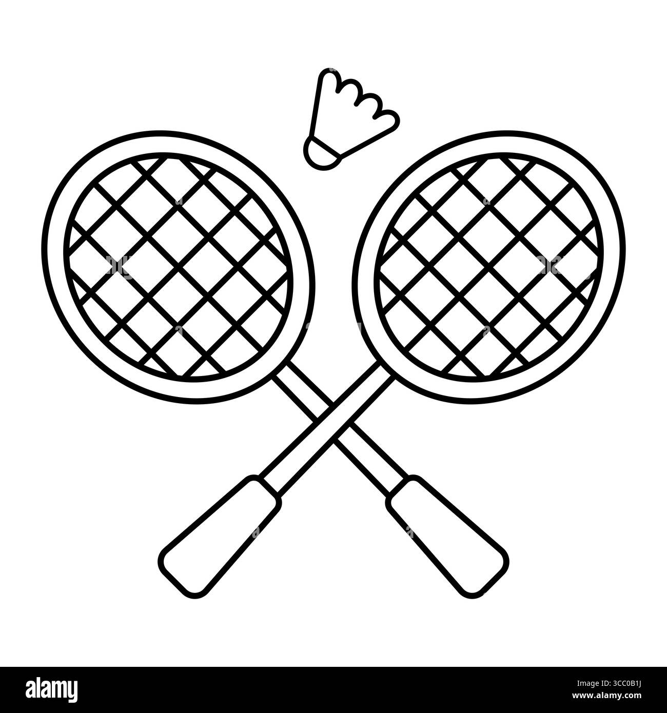 Racchette da badminton e illustrazione della valvola a farfalla. Due racchette da badminton incrociate con motivi a corda e un rubinetto sopra di esse. Illustrazione Vettoriale