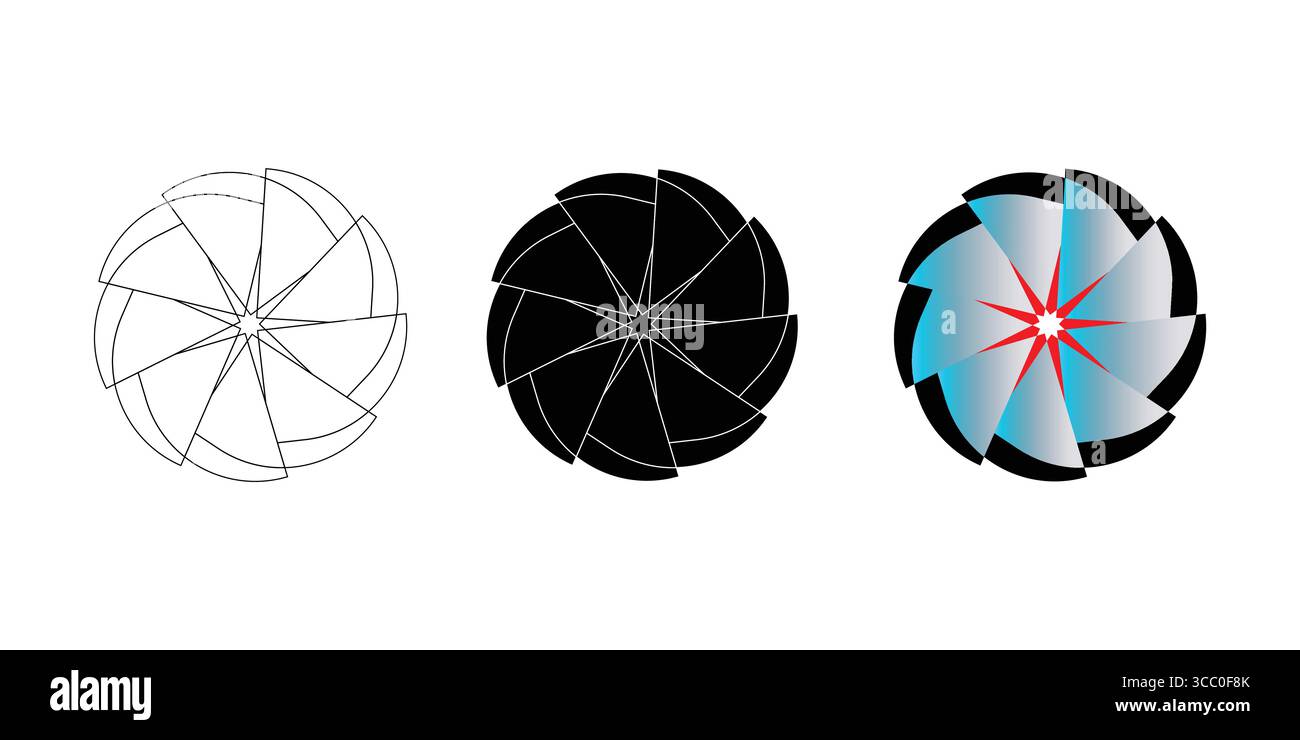 Disegni circolari astratti con Spokes geometrici negli stili contorno, solido e sfumatura Illustrazione Vettoriale