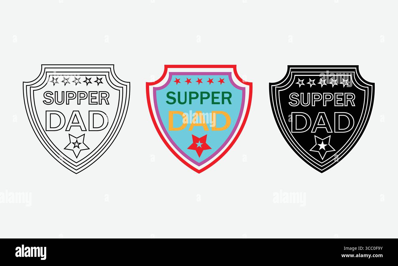 Illustrazioni di uno scudo con "Super Dad" e stelle in vari stili per la festa del papà Illustrazione Vettoriale