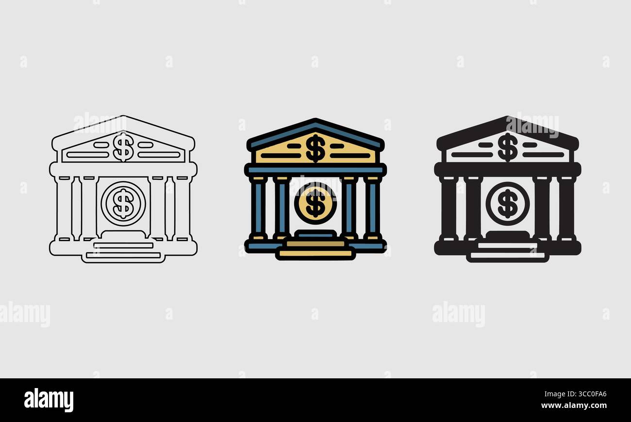 Illustrazioni delle istituzioni finanziarie: Edificio bancario con cartelli in dollari in vari stili Illustrazione Vettoriale