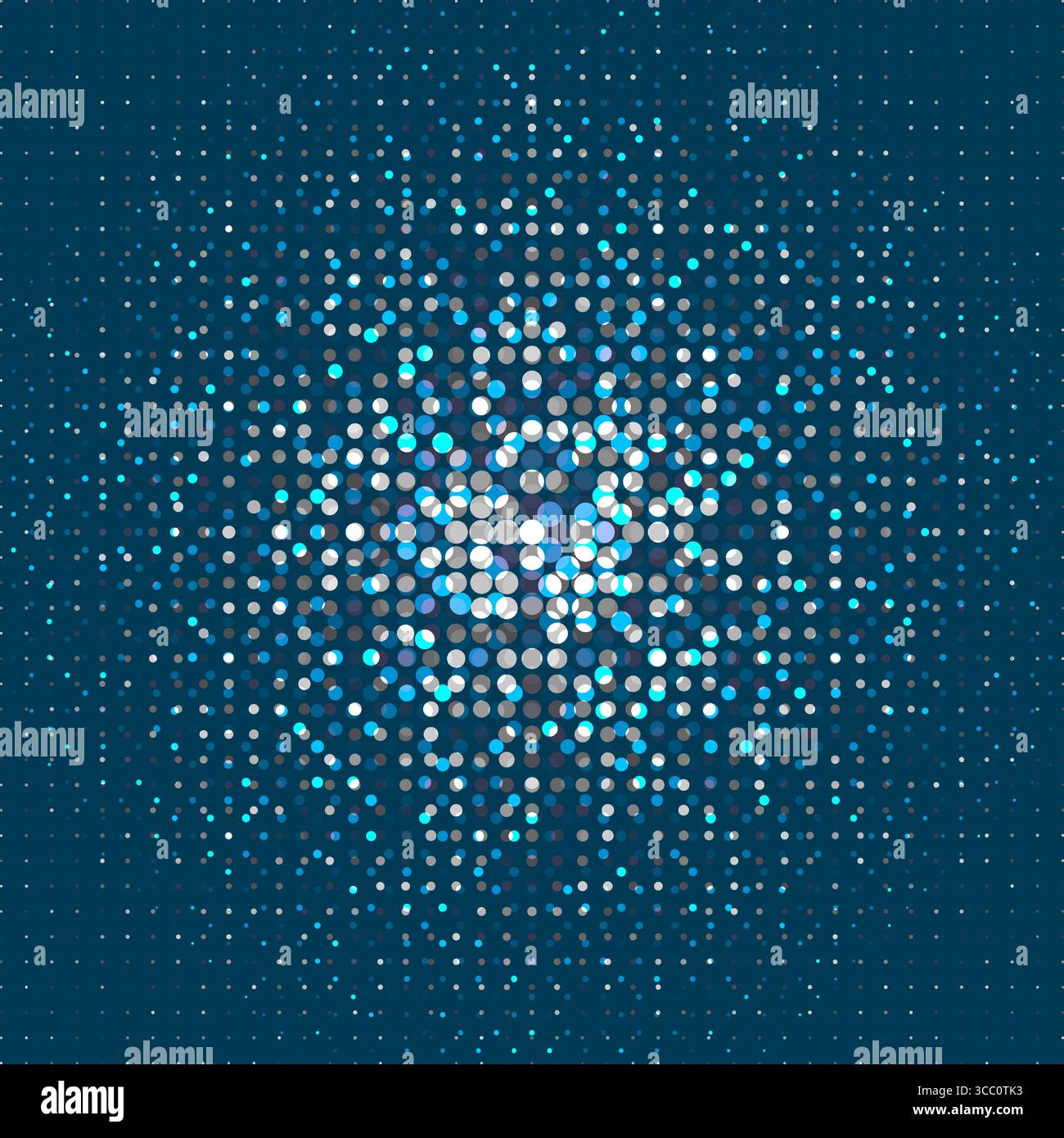 Sfondo blu astratto con molti piccoli punti blu. Semitone con cerchi colorati e al neon. Illustrazione Vettoriale
