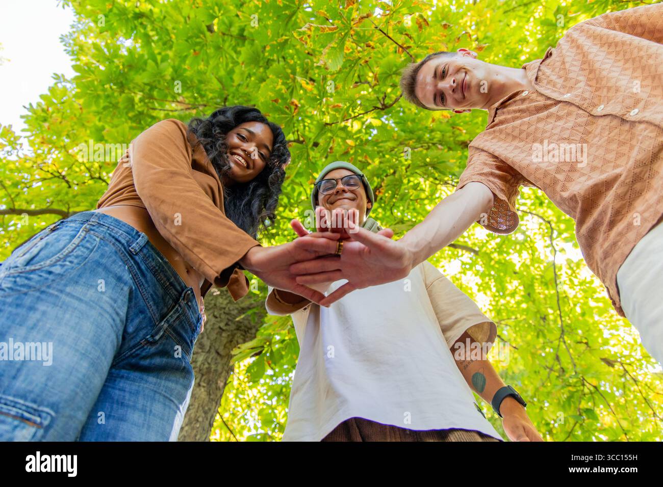 Un gruppo di giovani e felici amici di diverse origini si uniscono per mano, godendosi una giornata estiva di sole nel parco sotto un lussureggiante albero verde, il cele Foto Stock