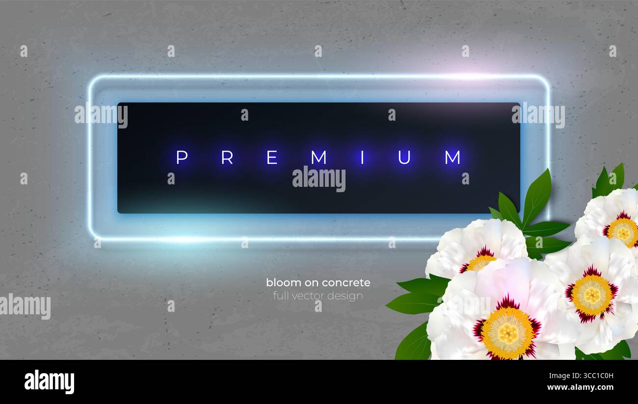 Elegante cartello nero astratto con retroilluminazione blu, telaio con linea al neon incandescente su sfondo in cemento. Bouquet di fiori di peonie bianche in primo piano Illustrazione Vettoriale