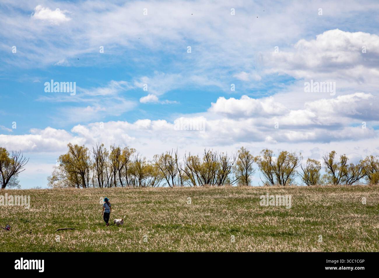 Wheat Ridge, Colorado - Una donna cammina con il suo cane a Crown Hill Park la domenica orientale. Foto Stock