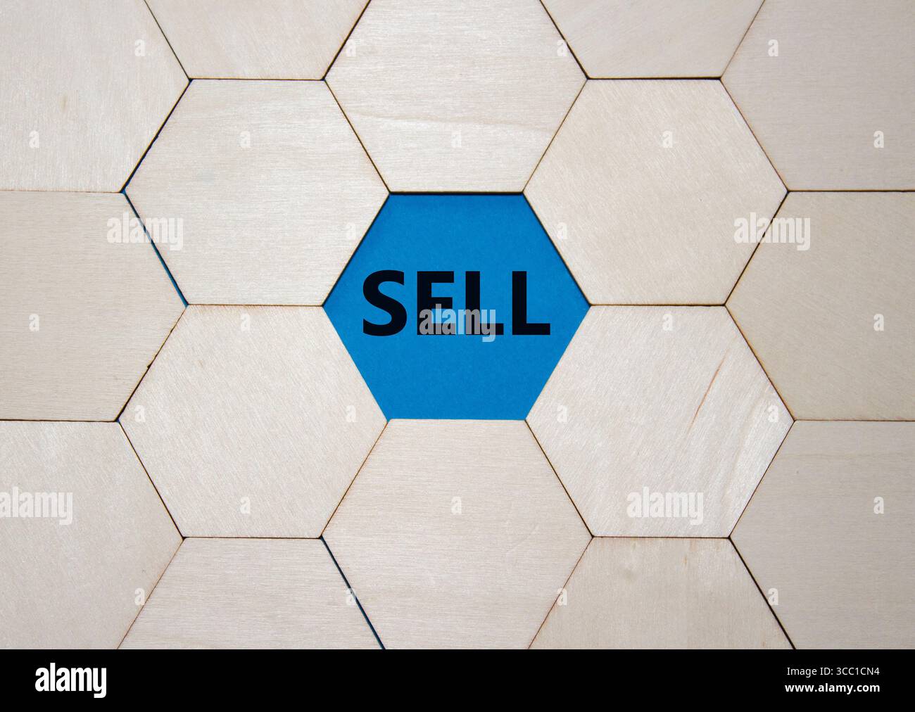 Simbolo di vendita. Concept Word sell su puzzle in legno. Bellissimo sfondo blu. Concetto di business e vendita. Copia spazio. Foto Stock
