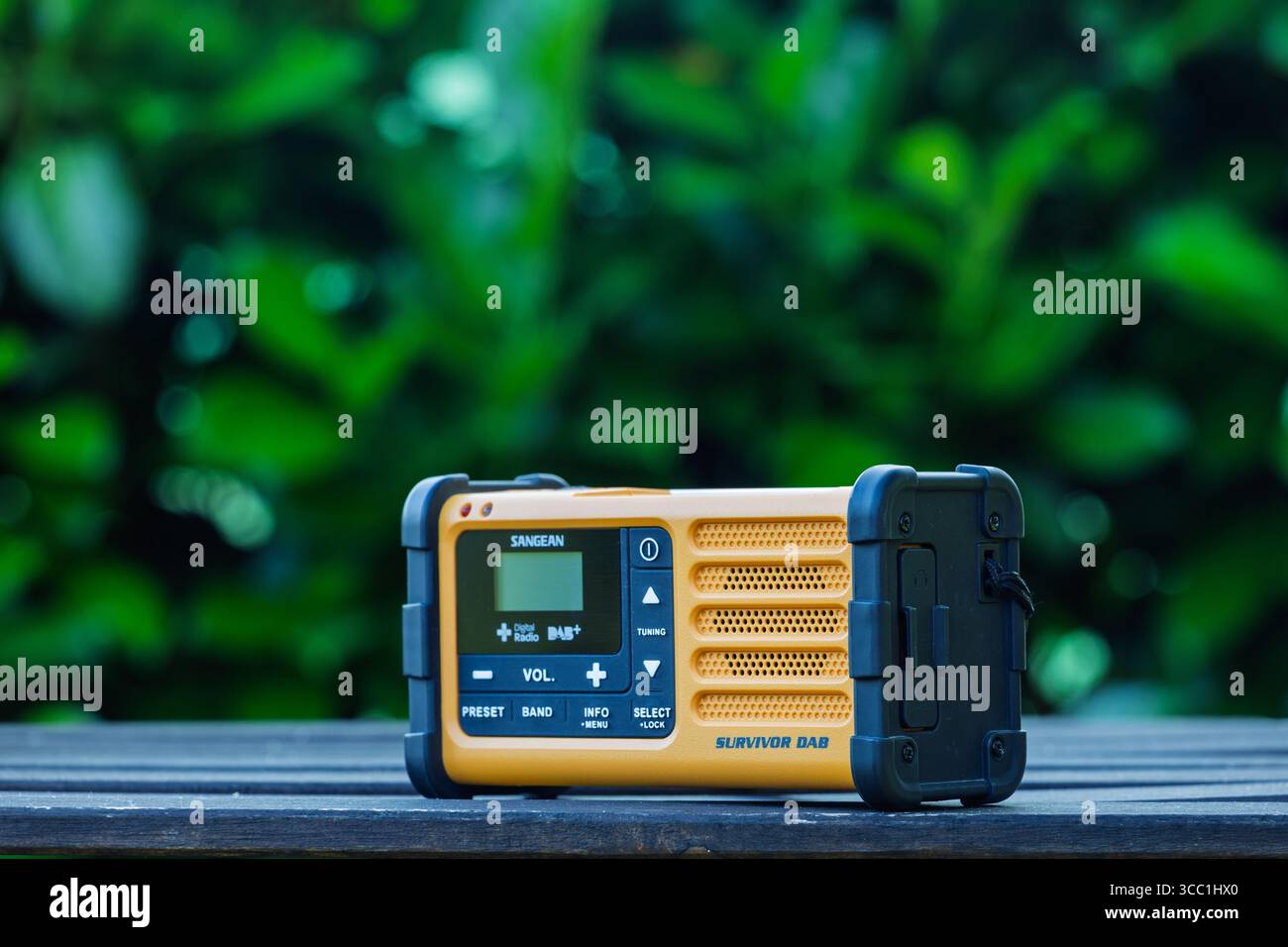 VINKOVCI, CROAZIA, 06.13.2025: Radio digitale Survivor arancione compatta posizionata su un tavolo di legno all'aperto, circondata da un fogliame verde di fondo naturale; Foto Stock