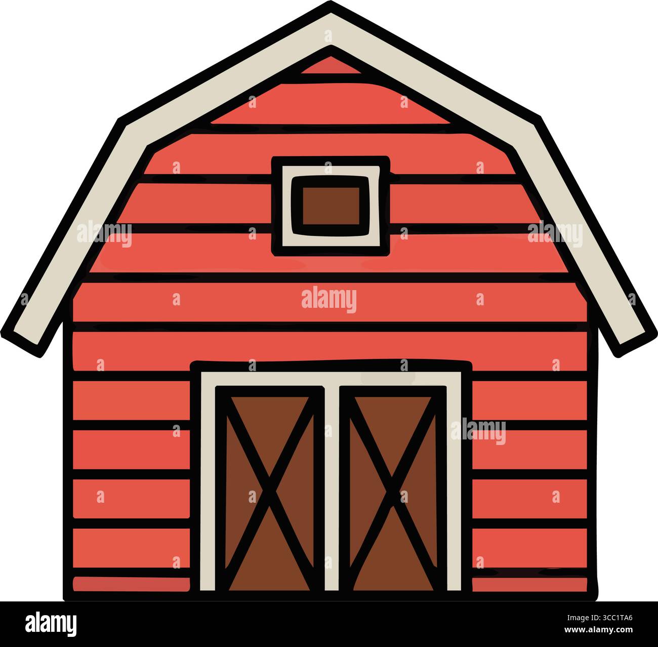 Icona Red Barn Farmhouse Flat. Affascinante opera d'arte della struttura di campagna su sfondo scuro. Evoca immagini del patrimonio agricolo e della semplicità rustica. Illustrazione Vettoriale