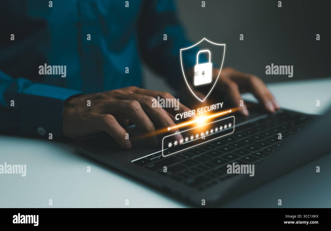 Concetto di sicurezza informatica. L'utente immette nome utente e password per accedere alle informazioni personali. Protezione dell'accesso ai dati e accesso a Internet sicuro, Foto Stock