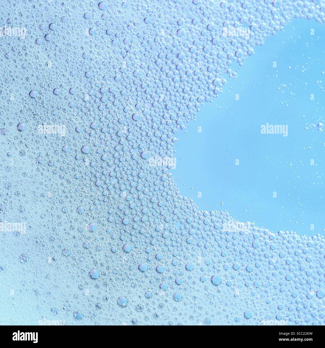 Primo piano di piccole bolle blu raggruppate insieme, creando una superficie simile a una schiuma con un gradiente d'acqua morbido sullo sfondo, macro fot Foto Stock