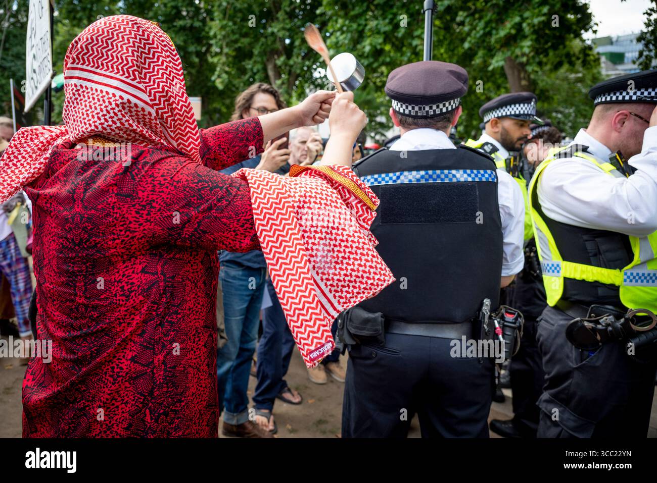 Donna che segue un poliziotto e gli sbatte una minuscola pentola nell'orecchio, Palestine Action Protestation in Parliament Square, Londra, Inghilterra, Regno Unito, 09/08/2025 Foto Stock