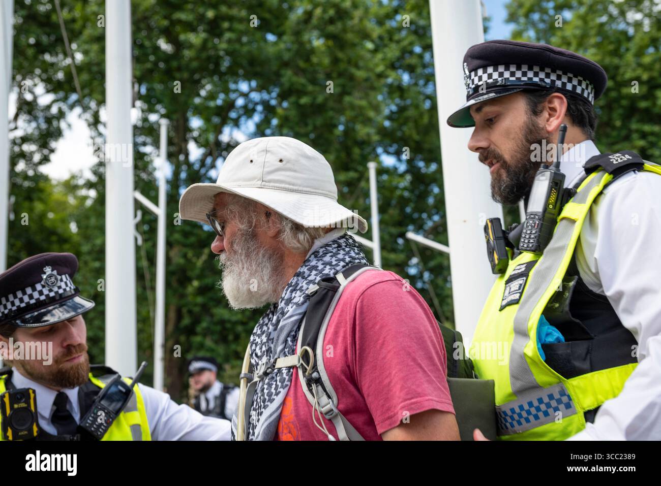 Arresto di un manifestante alla Palestina Action Protestation, in Parliament Square, Londra, Inghilterra, Regno Unito, 09/08/2025 Foto Stock
