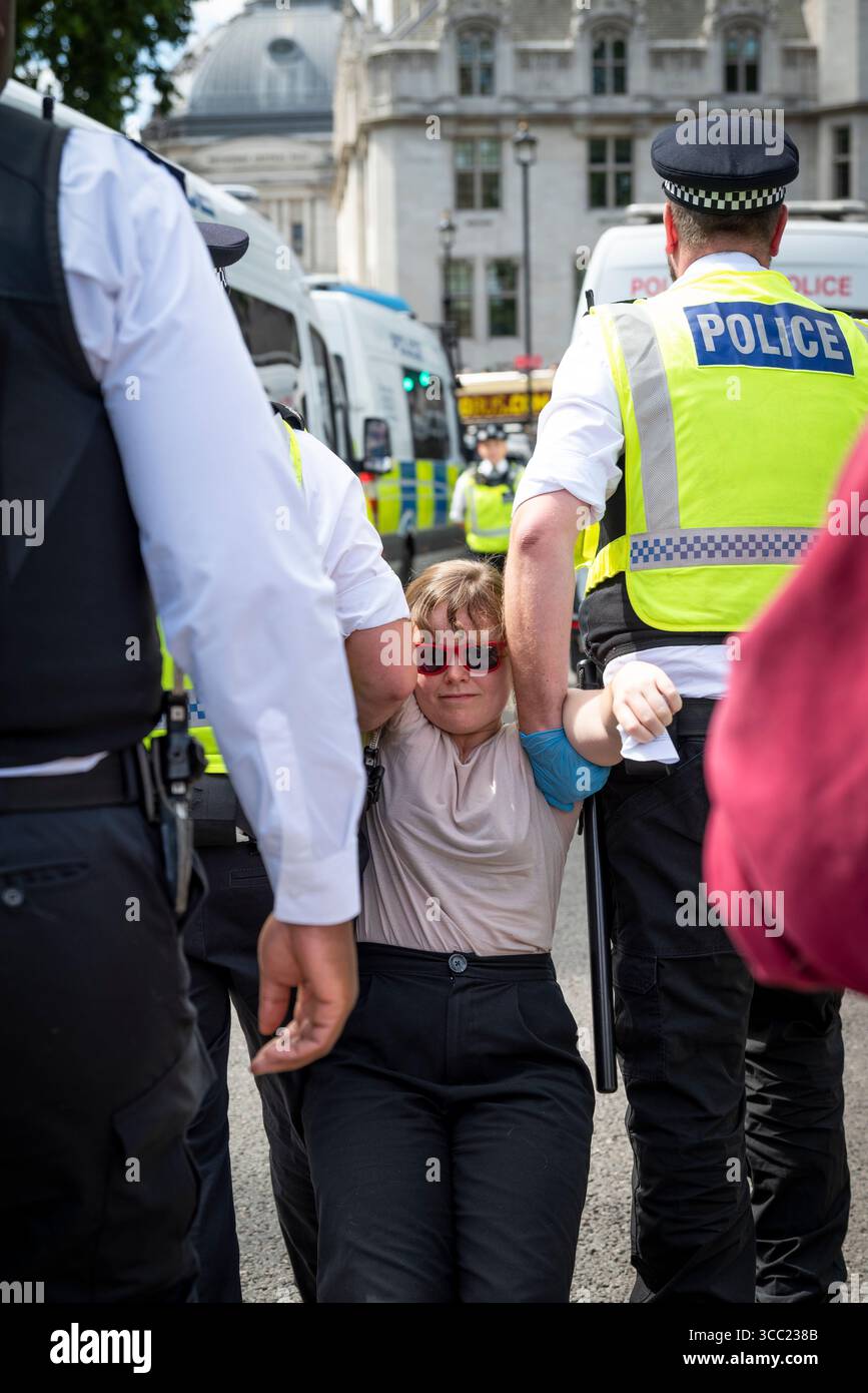 Arresto di un manifestante alla Palestina Action Protestation, in Parliament Square, Londra, Inghilterra, Regno Unito, 09/08/2025 Foto Stock