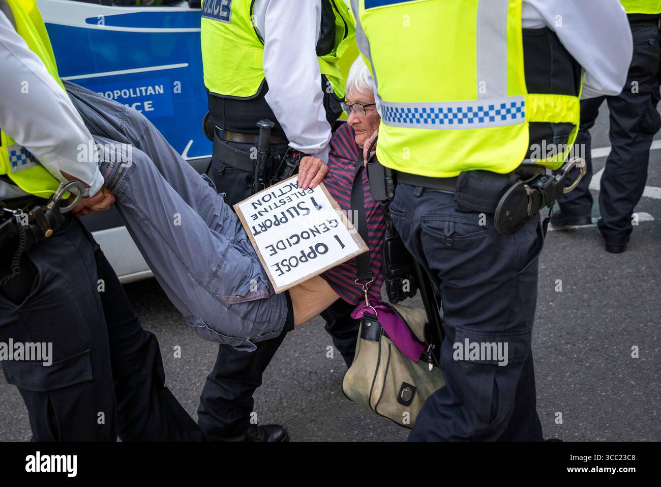 Arresto di un manifestante alla Palestina Action Protestation, in Parliament Square, Londra, Inghilterra, Regno Unito, 09/08/2025 Foto Stock
