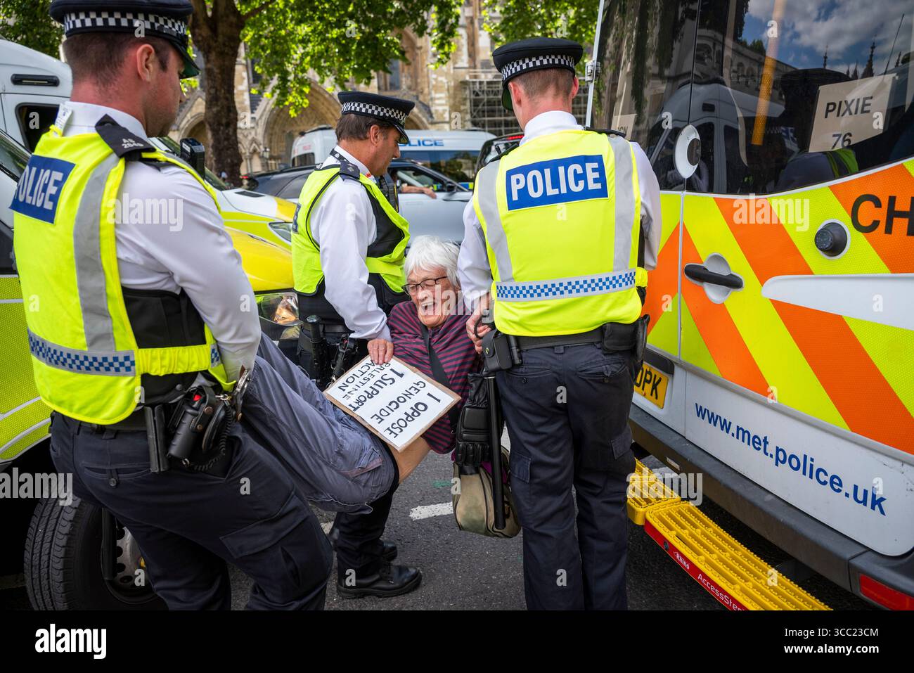 Arresto di un manifestante alla Palestina Action Protestation, in Parliament Square, Londra, Inghilterra, Regno Unito, 09/08/2025 Foto Stock