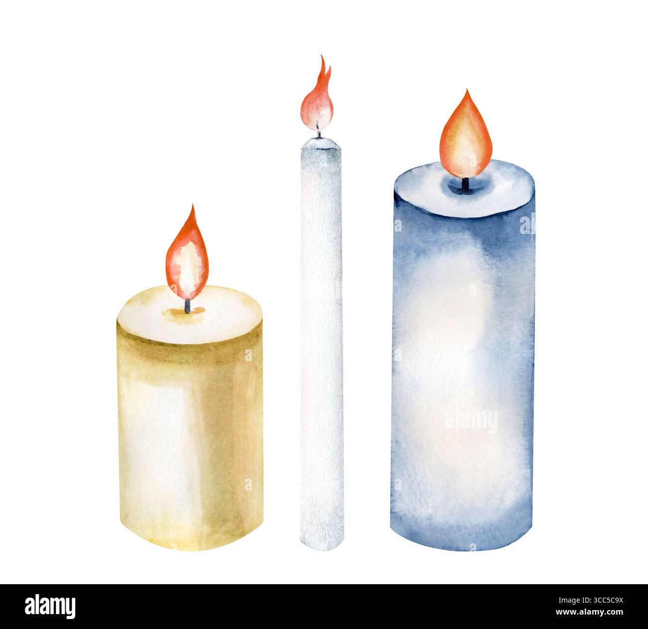 Un set di diverse candele bruciate, disegnate a mano. L'illustrazione ad acquerello è isolata su uno sfondo bianco. Arredamento per le feste. Clipart Foto Stock