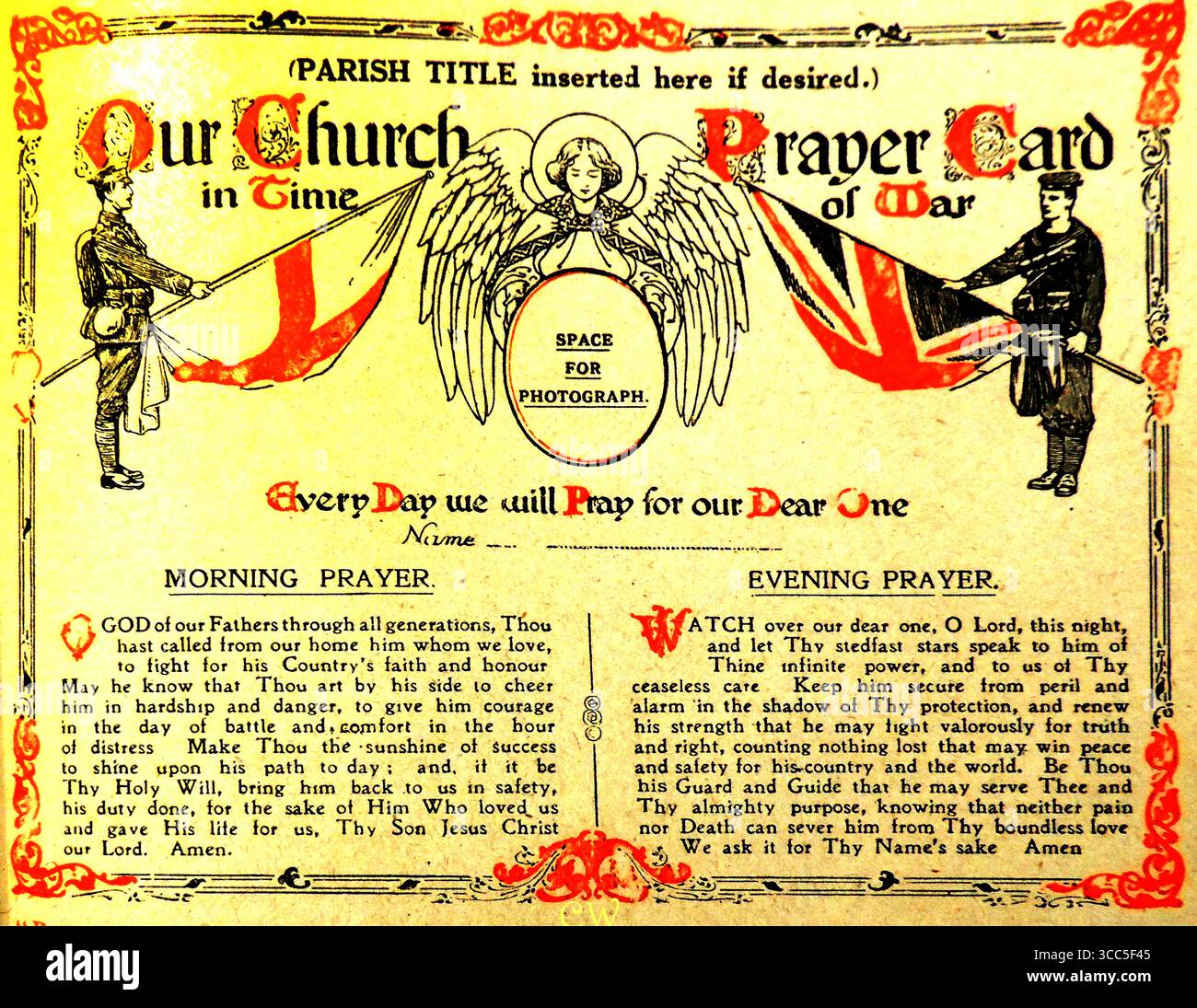 Una carta di preghiere (modello) della prima guerra mondiale destinata alla distribuzione alle congregazioni di tutte le chiese C of e in modo che gli undividuali potessero allegare le fotografie dei propri cari e pregare per loro due volte al giorno/ Foto Stock