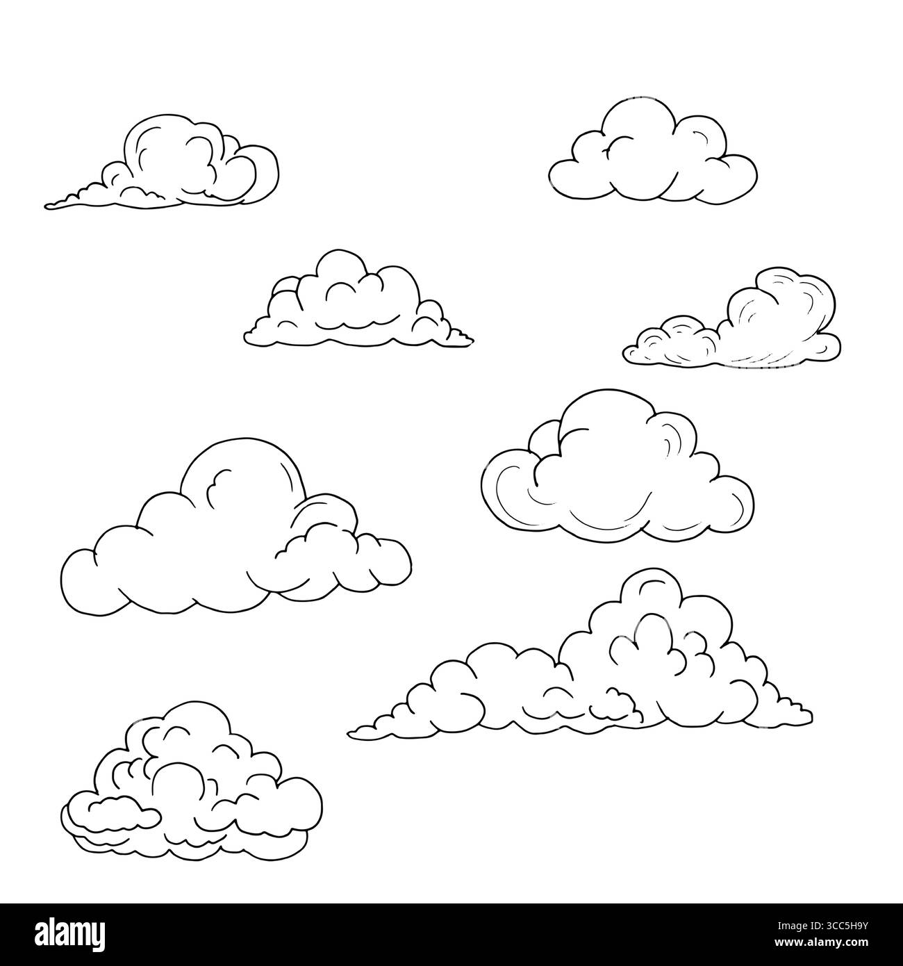 Soffici nuvole di forme diverse, schizzi in bianco e nero. Illustrazione vettoriale. Il concetto di fenomeni naturali, nuvole, tempo, isolato su un bianco Illustrazione Vettoriale