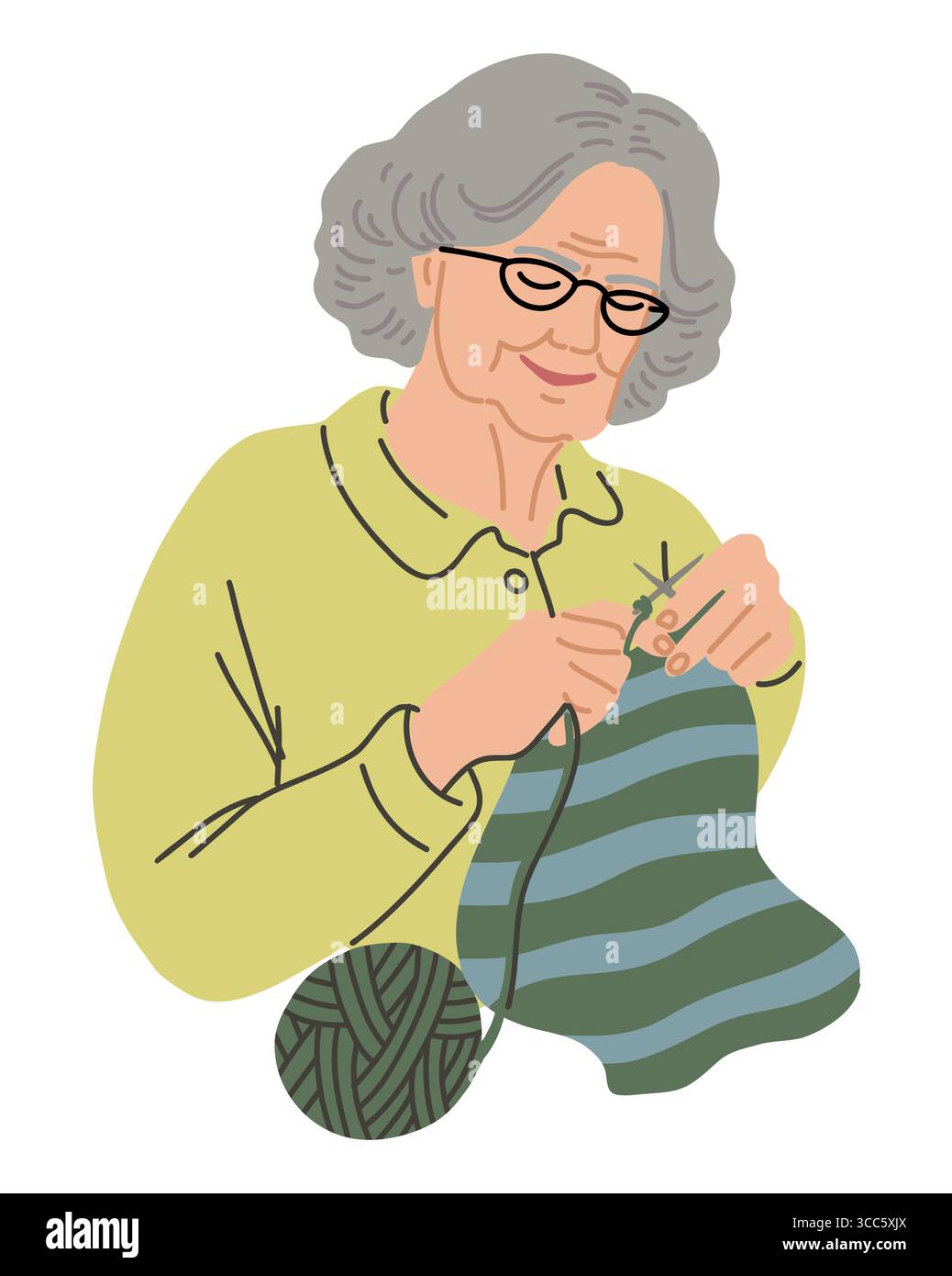 Illustrazione vettoriale di una donna anziana in occhiali che crea un tessuto a righe con filato verde e gancio a uncinetto. Illustrazione Vettoriale