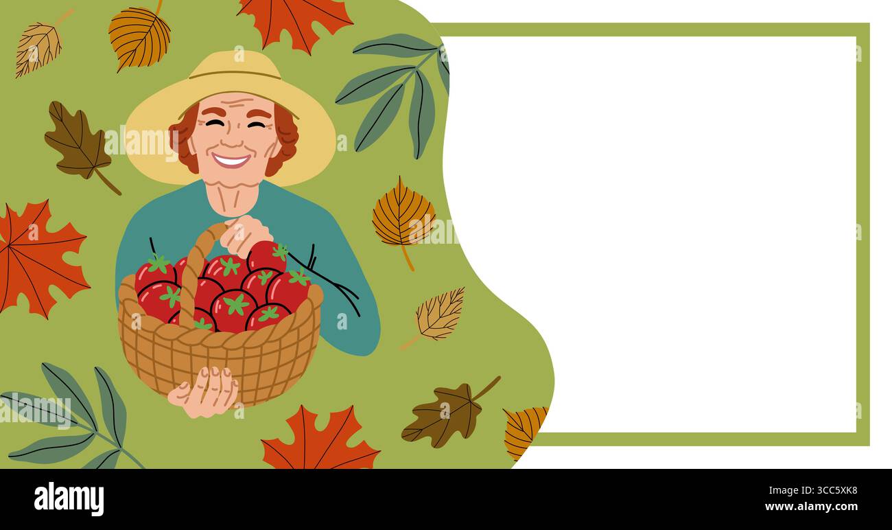 Illustrazione vettoriale in stile piatto di una donna anziana contadina in un cappello che regge un cesto di pomodori, circondato da foglie autunnali colorate con spazi vuoti Illustrazione Vettoriale