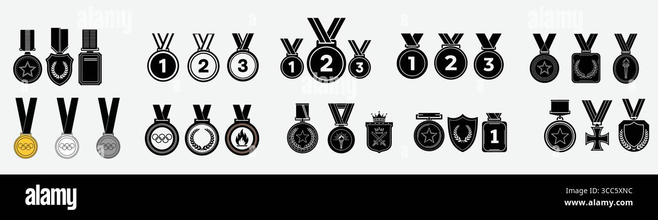 Medaglia d'oro d'argento di bronzo con nastro primo secondo terzo posto premi per competizione, gioco, risultati sportivi. Illustrazione Vettoriale