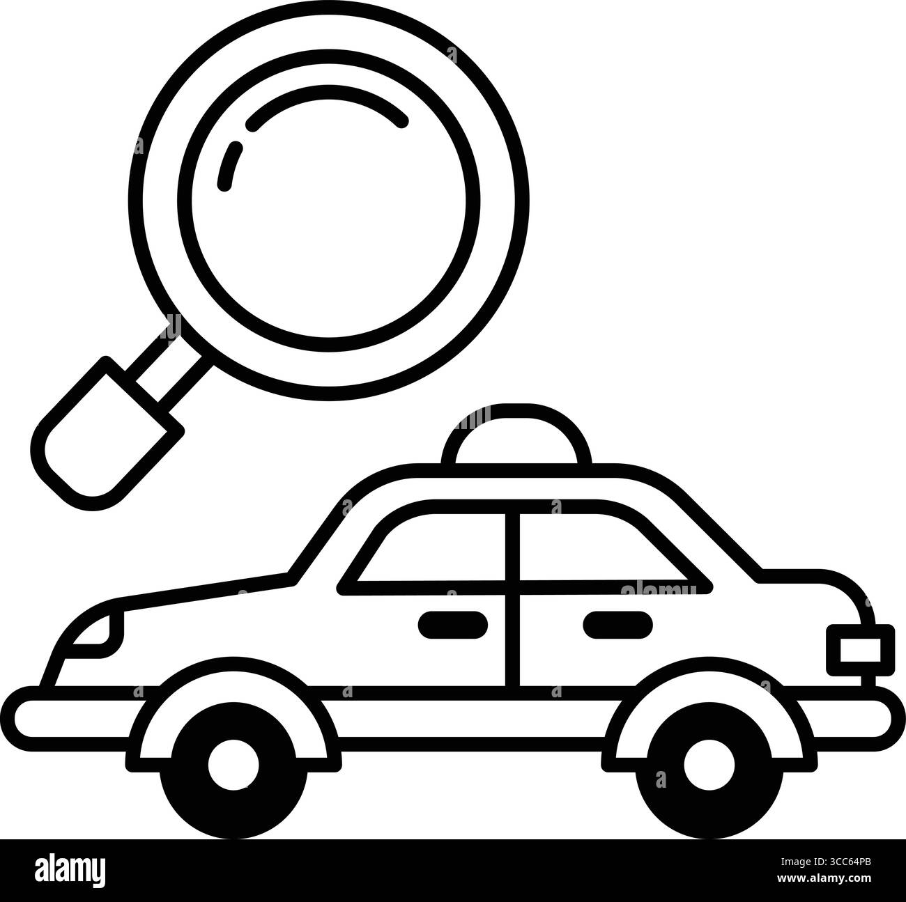 Un disegno in bianco e nero di un'auto con una lente d'ingrandimento. Il disegno ha un'atmosfera misteriosa e curiosa Illustrazione Vettoriale