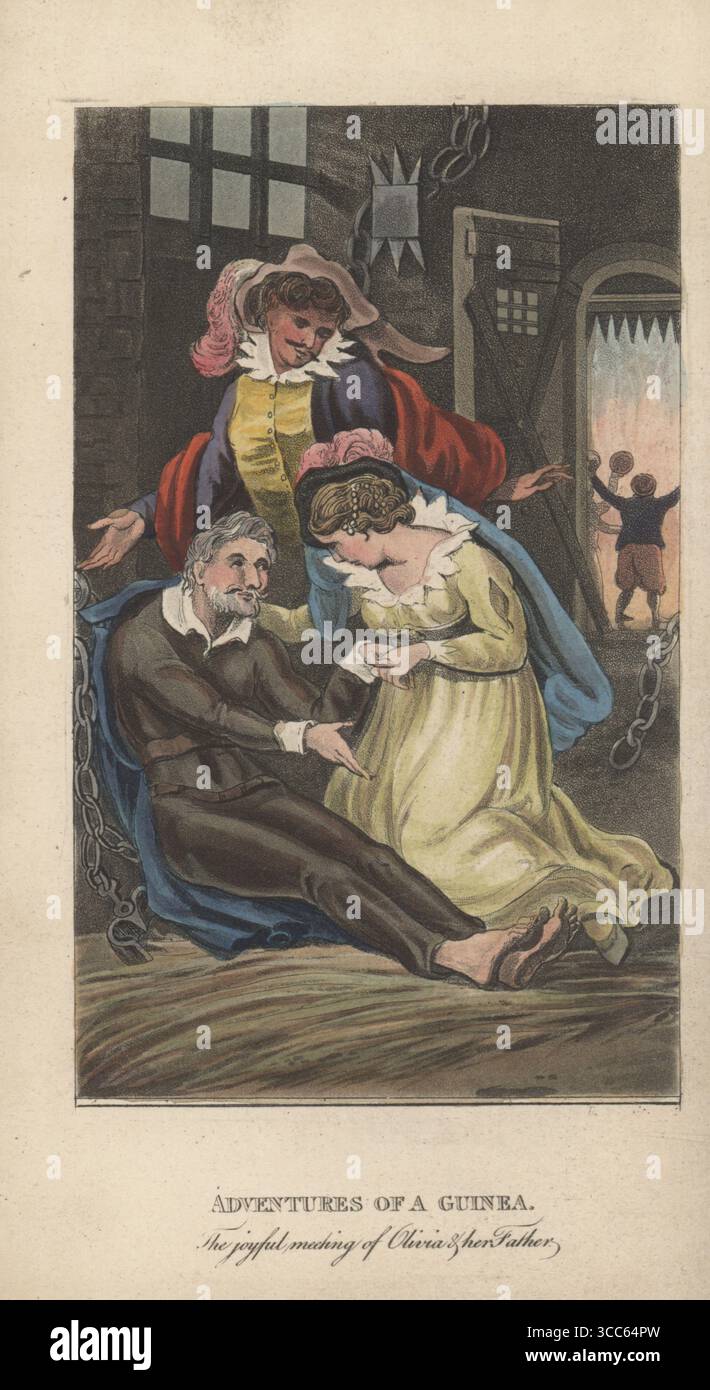 Prigioniero dell'Inquisizione spagnola liberato dai marinai inglesi. Olivia e Alphonso scoprono suo padre incatenato in una cella della prigione. Le guardie alla porta osservano le palle di cannone dell'artiglieria britannica che hanno dato fuoco all'edificio. Il gioioso incontro di Olivia e suo padre. Incisione in rame colorata a mano di William Maddocks dopo le illustrazioni di Edward Francis Burney, William Read e Mawson da Chrysal, o le avventure di una Guinea, di An Adept [Charles Johnston], Samuel Richards, Londra, 1822. Foto Stock