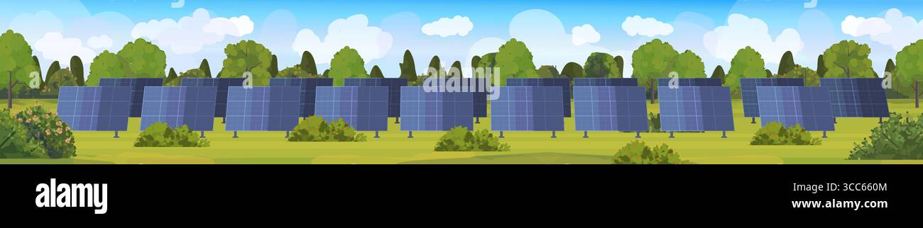 Fattoria solare con pannelli ad alta efficienza che trasformano la luce solare in elettricità ecocompatibile. Energia rinnovabile e concetti di conservazione ambientale. Foto Stock