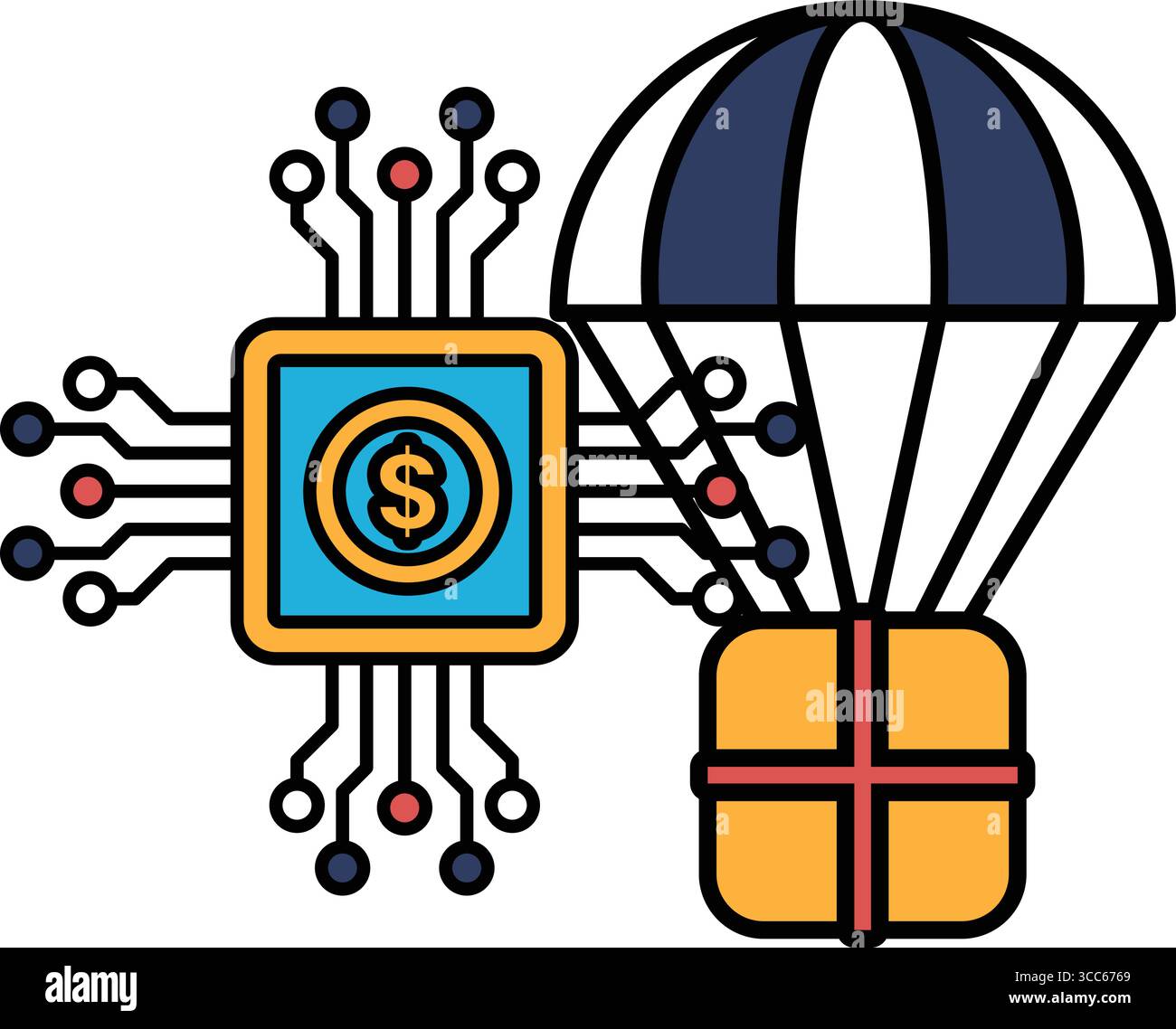 Un disegno in bianco e nero di un chip per computer con il simbolo del dollaro. Il simbolo del dollaro è posto sul chip del computer, che è un piccolo dispositivo elettronico Illustrazione Vettoriale