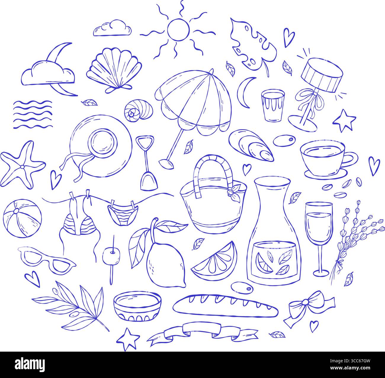 Dolce vita. Set di doodle estivo blu mediterraneo. Disegnare a mano l'estetica vintage. Profilo isolato disegnato sulla spiaggia, accessori, cibo e drin Illustrazione Vettoriale