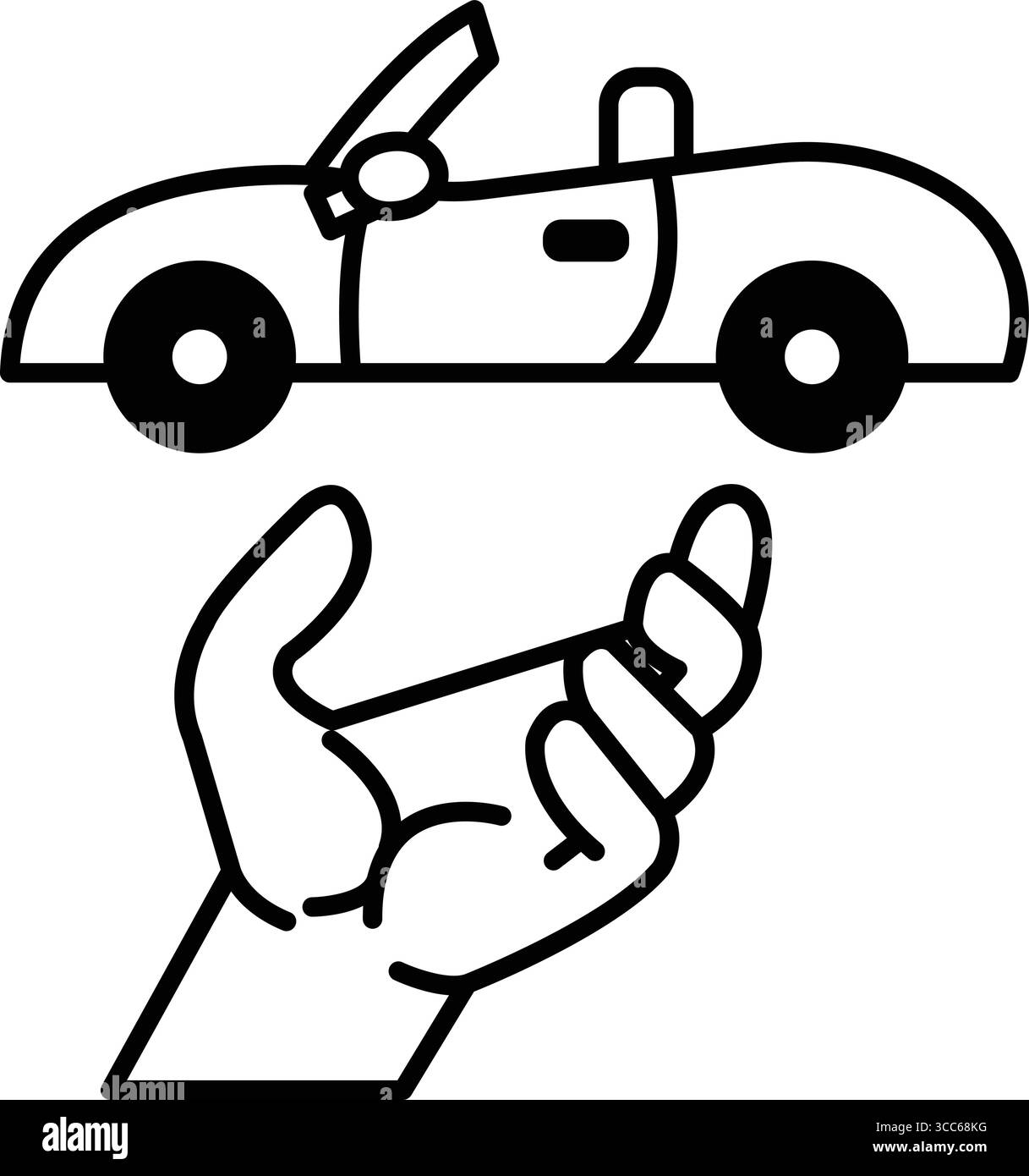 Una mano regge un'auto. L'auto è convertibile. La mano tiene l'auto in un modo che sembra protetto Illustrazione Vettoriale