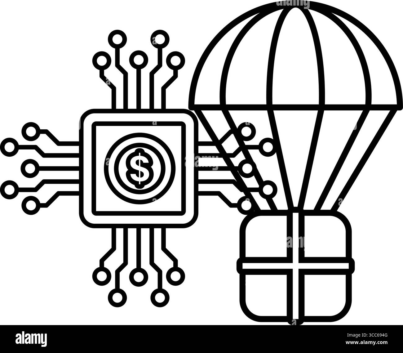 Un disegno in bianco e nero di un chip per computer con il simbolo del dollaro. Il simbolo del dollaro è posto sul chip del computer, che è un piccolo dispositivo elettronico Illustrazione Vettoriale