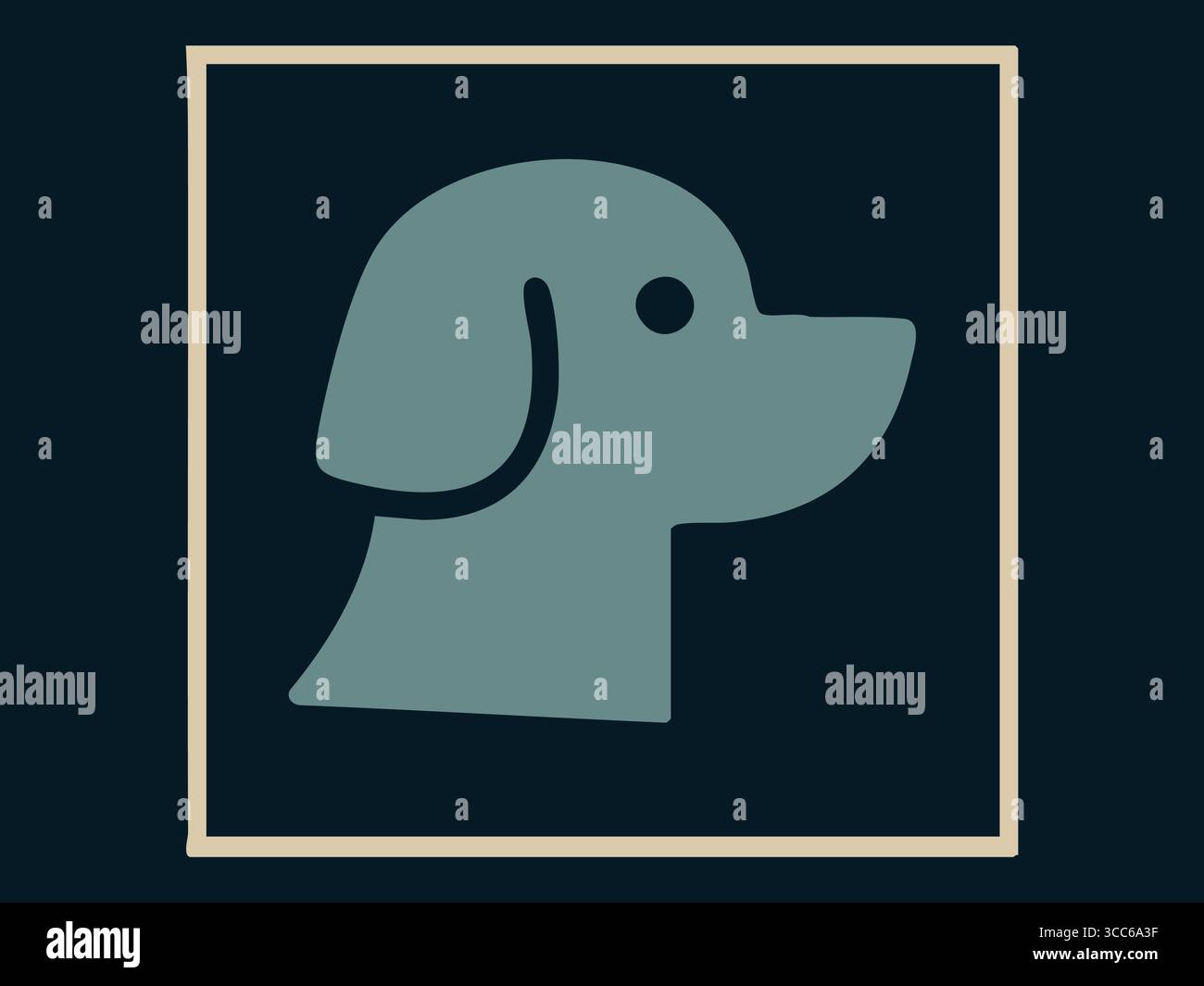 Silhouette stilizzata di un profilo a testa di cane in una cornice quadrata su sfondo scuro. concetto di icona animale domestico, logo, grafica semplice, design canino Illustrazione Vettoriale