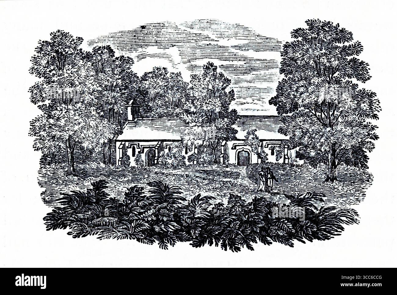 Illustrazione di una modesta casa di campagna annidata tra fitti alberi e cespugli. L'edificio a un piano presenta un camino, finestre con persiane e un tetto inclinato. Due figure si trovano davanti: Un gesto, l'altro può ricevere o offrire qualcosa. Il cielo nuvoloso e il folto fogliame evocano un'atmosfera tranquilla e appartata. La composizione fonde fascino domestico con recinzione naturale, suggerendo vita rurale e interazione tranquilla. Da una selezione di incisioni stampate in rame e legno pubblicate da Henry Kent Causton nel 1851 come parte del libro di Izaak Walton e Charles Cotton, The Compleat Angler. Foto Stock